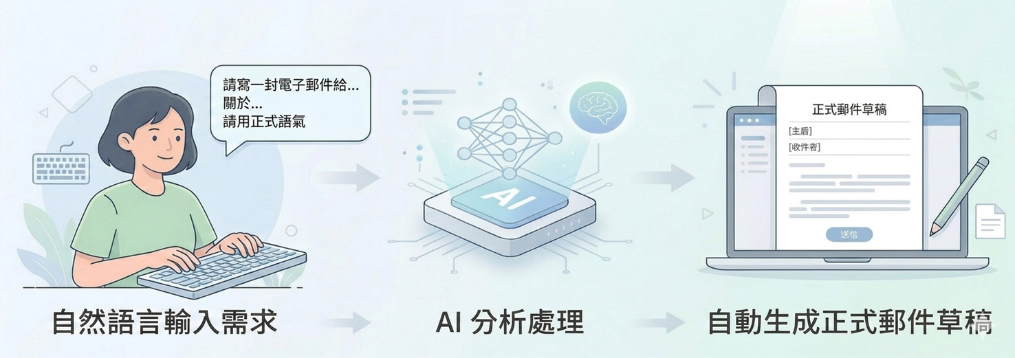 口語需求 → AI 分析處理 → 自動生成正式郵件草稿