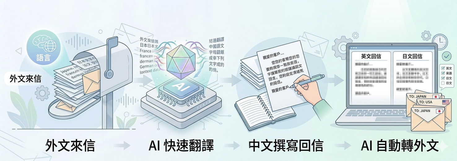 外文來信 → AI 快速翻譯 → 中文撰寫回信 → AI 自動轉外文